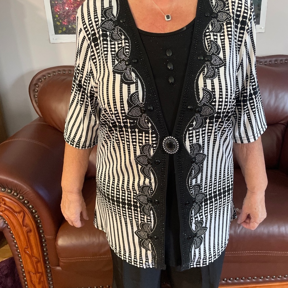 Dressy Blouse White and Black with Beaded Embellishments